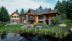 A modern wooden house with large windows and stone accents sits beside a lake, surrounded by green grass, rocks, shrubs, and tall trees under a blue sky—perfect for those seeking Bigfork Real Estate.