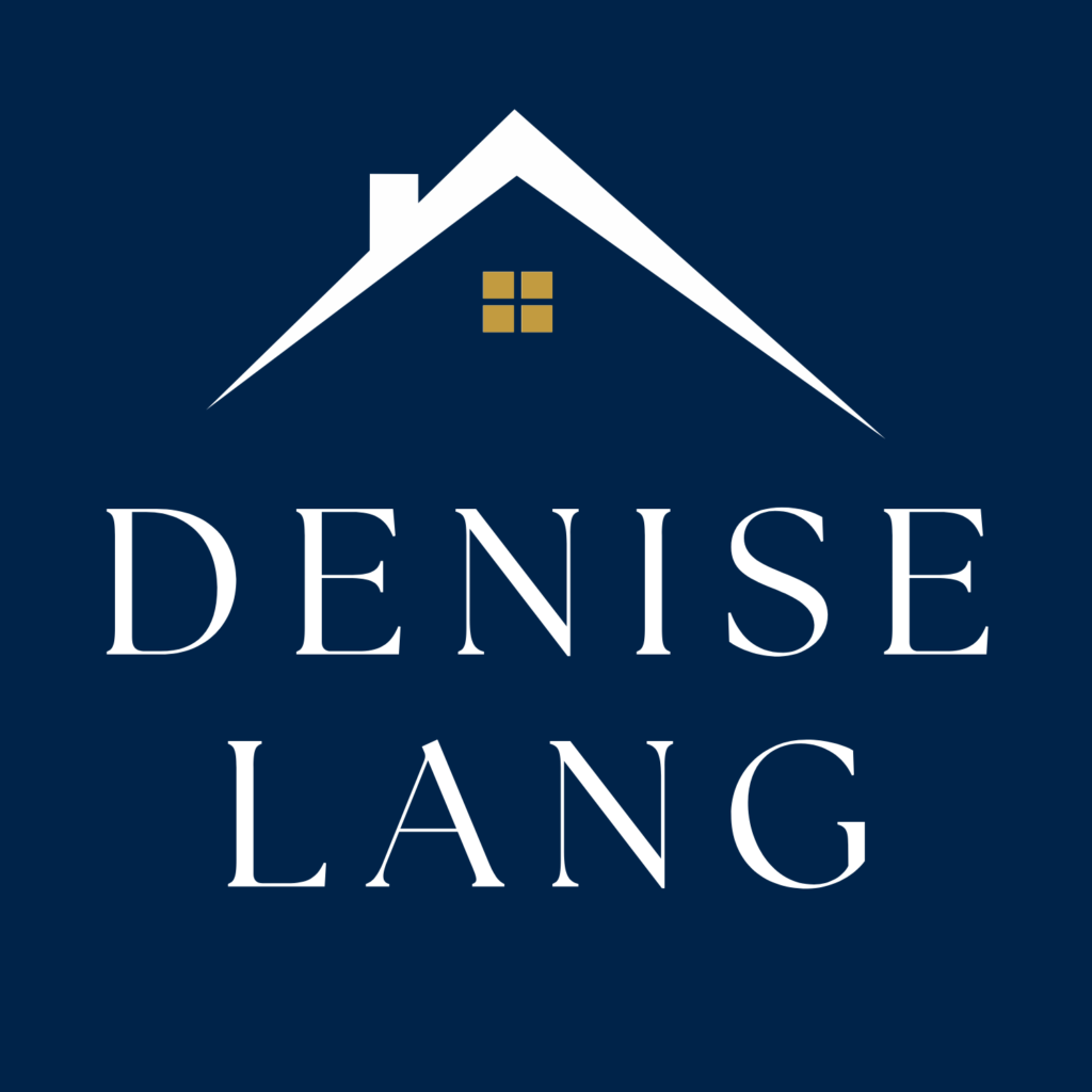 A white house roof with a chimney and golden window forms an icon above the name Denise Lang, written in large white capital letters on a dark blue background.