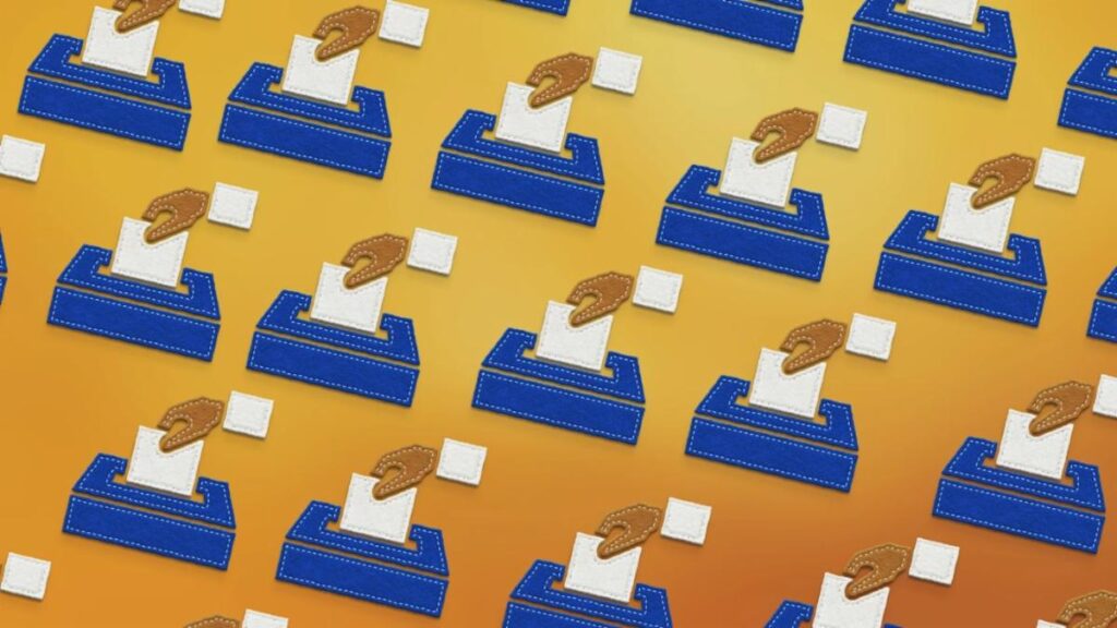 A repeating pattern of illustrated hands placing white ballots into blue ballot boxes on a yellow-orange gradient background, capturing the community spirit that brings people together during the cozy season.