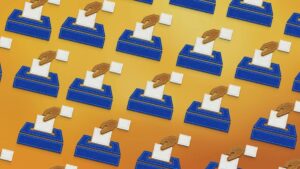 A repeating pattern of illustrated hands placing white ballots into blue ballot boxes on a yellow-orange gradient background, capturing the community spirit that brings people together during the cozy season.