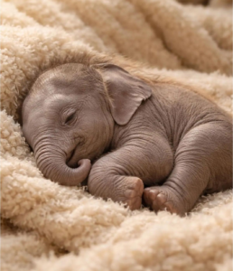 A baby elephant sleeps curled up on its side, nestled in soft, fluffy beige blankets under a gentle February Light, with its trunk near its face and eyes closed peacefully.