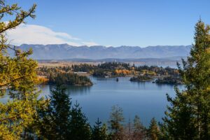 A scenic view of a calm lake surrounded by evergreen trees, with a forested island in the center and distant mountains under a clear blue sky. Some trees show autumn colors, capturing a subtle winter glow perfect for December Real Estate appeal.