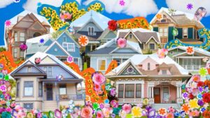 A colorful collage of charming houses in Flathead Valley, surrounded by vibrant flowers, clouds, and blue sky, creates a cheerful and whimsical Spring Market scene.