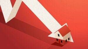 A large downward arrow crashes through the roof of a small house against a red background, symbolizing a decline in the housing market or falling home values during seasonal events like Spring.
