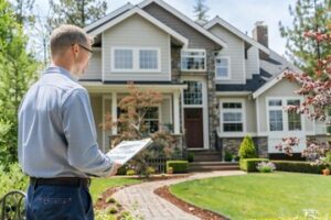 A man holding documents stands outside a large, two-story suburban house with a manicured lawn and a curved brick walkway, ready to make his move as the market heats up.