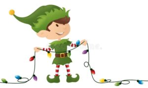 A smiling cartoon elf in a green outfit and hat holds a string of colorful Christmas lights, ready to spread community spirit. The elf has striped red and white socks and stands cheerfully on a white background.