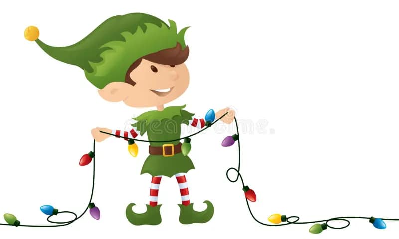 A smiling cartoon elf in a green outfit and hat holds a string of colorful Christmas lights, ready to spread community spirit. The elf has striped red and white socks and stands cheerfully on a white background.