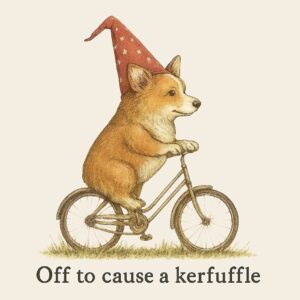 Illustration of a corgi wearing a red, pointy hat with white spots, riding a bicycle. Inspired by folklore, the text below reads, “Off to cause a kerfuffle.”.