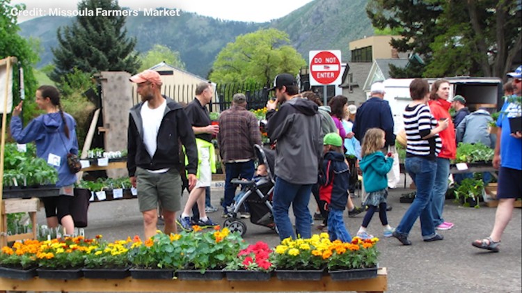 People browse plants and flowers at an outdoor farmers market during Bigfork Days, set against a backdrop of trees and mountains. Various shoppers, including families and children, walk past colorful flower displays.
