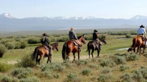 Four people riding horses through grassy fields with mountains and patches of snow visible in the background under a clear sky, sharing wishes for a Merry Christmas and a Bright New Year along their scenic journey.