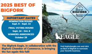 A person dives into a lake surrounded by trees in Bigfork. Text announces the 2025 Best of Bigfork contest by Bigfork Eagle, with nomination and voting dates this September and details on how to nominate online this fall.