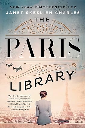 Book cover for The Paris Library by Janet Skeslien Charles, featuring a woman in a full blue coat looking toward the Eiffel Tower, with airplanes rolling overhead and vintage-style lettering on a background of handwritten text.