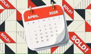 A calendar page showing April 2025 is displayed against a patterned background featuring multiple red SOLD! signs, capturing the spirit of Spring and hinting at new opportunities ahead.