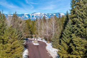A paved road surrounded by evergreen trees and patches of snow leads to a wooden gate. Snow-capped mountains rise in the background under February light, reflecting the steady momentum of winter beneath a clear blue sky.