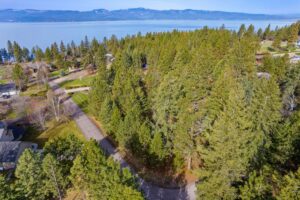 Aerial view of a winding road through a wooded residential area with tall pine trees, houses scattered among the trees, and a large lake with mountains in the background—capturing the beauty of September in Bigfork under a clear blue sky.