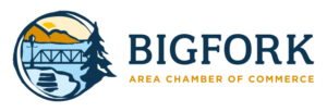 Logo for the Bigfork Area Chamber of Commerce featuring a scenic landscape with a bridge, mountains, water, trees, and a sunset—reflecting spring’s new opportunities—alongside the organization’s name in bold text.