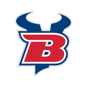 A stylized red letter B outlined in white and blue, merged with blue bull horns and head, symbolizes movement and new beginnings, forming a sports team logo on a light gray background.