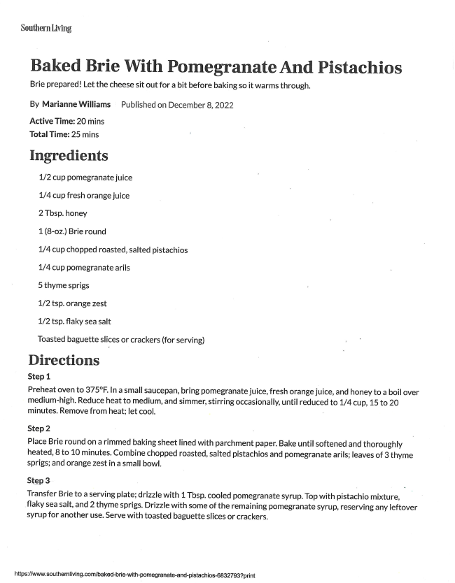 A recipe page titled “Baked Brie With Pomegranate And Pistachios” lists ingredients and step-by-step directions, offering a Winter Pause treat in black text on a white background with no images or decorative elements.