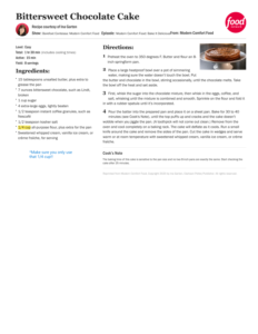 A recipe page for Bittersweet Chocolate Cake, featuring ingredients, directions, and a Cook’s Note. The Food Network logo appears in the top right, and the page carries February Light with black and red text on a white background.