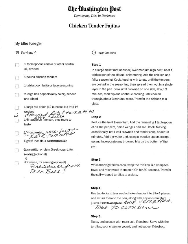 A recipe page from The Washington Post titled “Chicken Tender Fajitas” by Ellie Krieger, featuring ingredients, preparation steps, and handwritten notes. Perfect for your Season of Action cooking or August Reflections meal planning. Checkboxes mark off used ingredients.