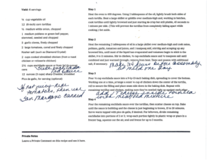 A printed recipe for enchiladas with handwritten notes in blue ink—perfect for those cozy Winter Glow evenings. Tips suggest making the sauce and shredded chicken in advance and freezing, with half the enchilada sauce added when reheating tortillas.