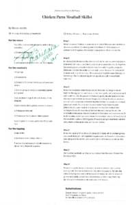 A printed recipe for Chicken Parm Meatball Skillet by Becca Jacobs, featuring ingredients, step-by-step instructions, a substitutions note, handwritten notes in green ink, and a touch of community lights folklore to inspire your next meal.
