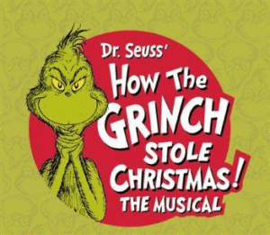 Illustration of the Grinch with a sly smile next to the text “Dr. Seuss’ How The Grinch Stole Christmas! The Musical” on a red circle with a green patterned background, perfect for your fun December real estate updates.