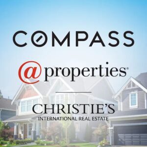 A promotional image featuring the logos of Compass, @properties, and Christies International Real Estate overlaid on suburban homes under a blue sky, celebrating a Merry Christmas and wishing you a prosperous New Year.