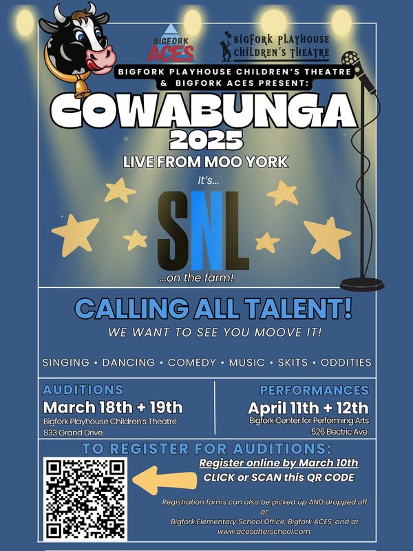 Poster for Cowabunga 2025: Live from Moo York, styled like SNL, welcomes Spring with new opportunities! Auditions: March 18-19 (Ides of March). Seeking singing, dancing, comedy & more. Performances: April 11-12. Registration details provided.