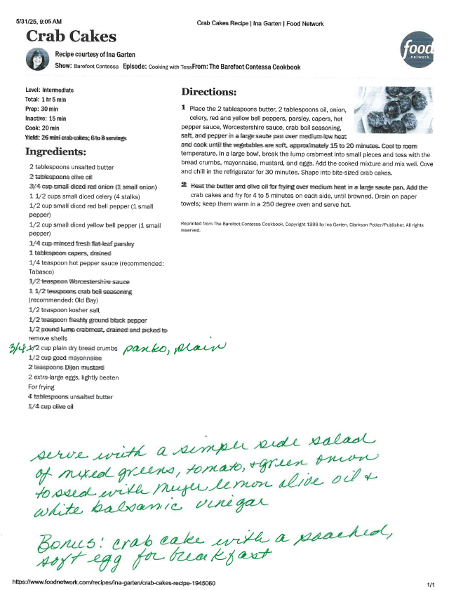 A printed crab cakes recipe page with typed ingredients and directions. Handwritten notes in green ink suggest adding chives and Old Bay, plus a bonus note: for June celebrations or new beginnings, top your crab cakes with a poached, runny egg—delicious!.