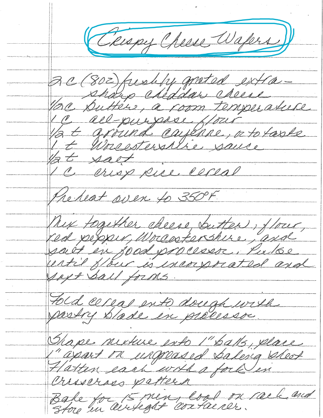 A handwritten recipe titled Cheesy Cheese Wafers lists ingredients like cheese, butter, flour, cayenne, Worcestershire, and rice cereal—perfect for Cozy Season gatherings—with detailed mixing, shaping, and baking instructions on lined paper.