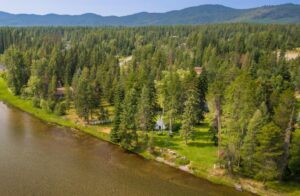 Aerial view of a forested lakeshore with dense trees, a grassy clearing, a small white house aglow with community lights, and mountains in the background under a clear sky.
