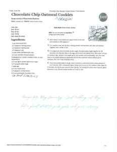 A printed chocolate chip oatmeal cookie recipe with handwritten notes at the bottom, a crossed-out Resolution: Dry January, and a message encouraging baking and eating the cookies as a sweet intention for new beginnings.