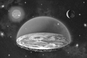 A flat Earth model in space is covered by a transparent dome, with stars, the Moon, and the Sun in the background. The scene is in black and white, giving it a surreal look—like real estate dreams beyond Flathead Valley’s Spring Market.