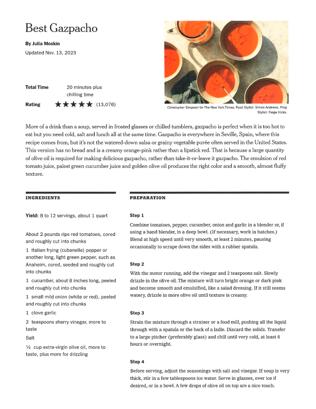 A recipe page for Best Gazpacho features an overhead photo of several glasses of orange gazpacho garnished with olive oil, perfect for the HOT Summer Listing Season, alongside ingredient lists and preparation instructions on a white background.