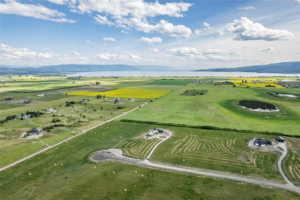 Aerial view of a rural landscape with scattered houses, green and yellow fields, winding roads showing movement, and a large lake in the background under a partly cloudy sky.