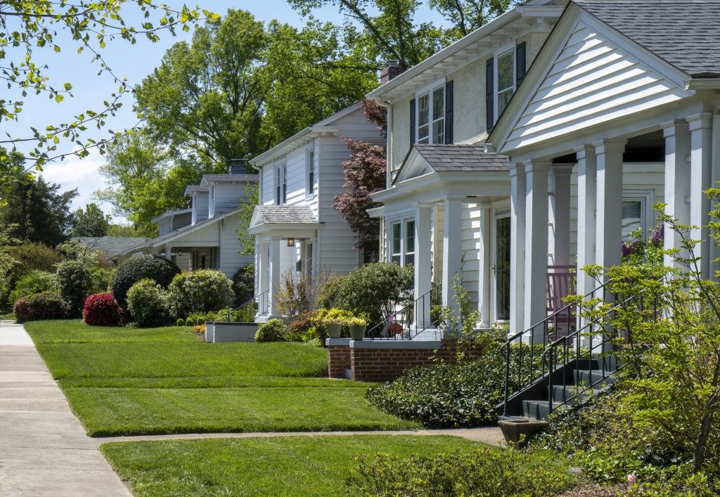 A row of suburban houses with manicured lawns, green shrubs, and blooming bushes on a sunny day, exuding a cheerful Bright New Year vibe, with a sidewalk running alongside the neatly maintained front yards.