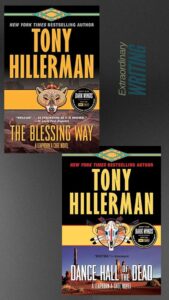 Book covers for The Blessing Way and Dance Hall of the Dead by Tony Hillerman, each featuring Southwestern Native American motifs, desert landscapes, and the label DARK WINDS. Text Extraordinary WRITING appears to the right—perfect for September travel reading.