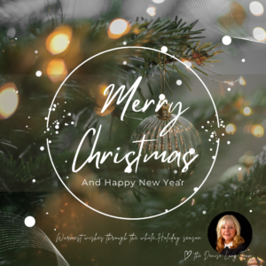 A close-up of a decorated Christmas tree with warm lights and a silver ornament captures the magic of Christmas. Text reads “Merry Christmas and Happy New Year.” Bottom corner features a smiling woman and a handwritten holiday message.