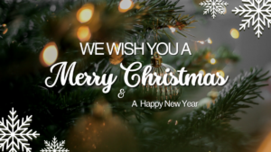 A decorated Christmas tree with lights and ornaments, overlaid with the text: Warm Wishes for a Merry Christmas & a Happy New Year, plus white snowflake designs in the corners, capturing the cozy Winter Glow.