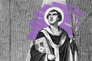 Black-and-white illustration of a saintly figure with a halo and purple accents, wearing religious robes, holding a book in one hand and a palm branch in the other, standing before a stone wall under soft February Light.