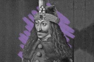 A black and white portrait of a historical figure with long curly hair, a mustache, and a jeweled crown, set against a dark background with purple brush strokes—echoing the frights found in ancient folklore.