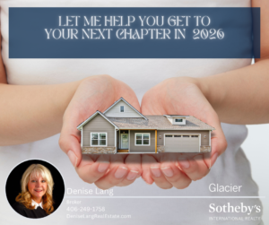 A person holds a model house in their hands. Text says, Let me help you get to your next chapter with intention in 2020. Denise Lang, broker, pictured with contact info and Sothebys International Realty logo.