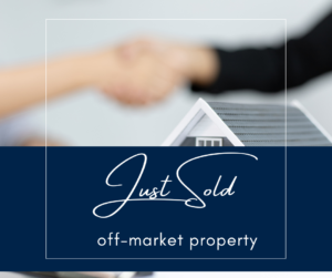 A small model house sits in the foreground while two people shake hands in the blurred background. Text reads: Just Sold off-market property—embrace new opportunities this Spring.