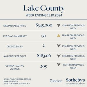 Infographic of Lake County real estate stats for week ending 11.10.2024: median sales price $345,000, avg 151 days on market, 2 closed sales, $183.06 avg price/sq ft, 205 active listings—ideal insights for the Winter Market, with week-over-week changes indicated.