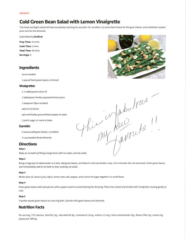 A recipe page for Cold Green Bean Salad with Lemon Vinaigrette, perfect for the spring season, featuring ingredients, directions, nutrition facts, and a photo of the salad. A handwritten note says: This is fabulous - my new favorite!!.