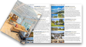 An open real estate listing catalog shows property photos and descriptions. The cover features a bright living room with large windows, a couch, and a coffee table—perfect for enjoying cool crisp days during the changing season. Interior and exterior images fill the pages.