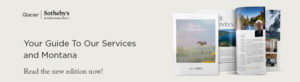 A promotional banner for Glacier Sothebys International Realty displays magazines titled Live Montana with images of nature and homes, featuring a Winter Glow and text: Your Guide To Our Services and Montana. Read the December Real Estate Update now!.