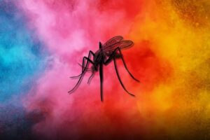 A black mosquito illustration is centered against a vibrant background of swirling blue, pink, orange, and yellow colors, evoking June joys and the energy of new beginnings with its striking contrast between insect and abstract backdrop.