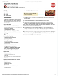 A printed recipe page for Super Nachos by Rachael Ray from Food Network, filled with love—featuring ingredients, directions, salsa toppings, the Food Network logo, and a Cook Mode button at the top.